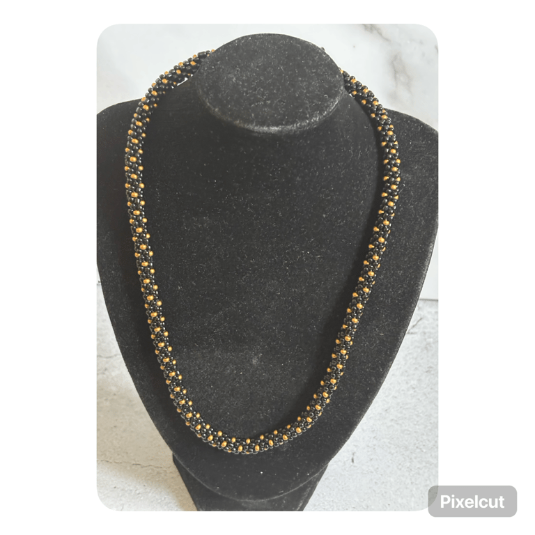 Black and bronze polka dot kumihimo beaded necklace