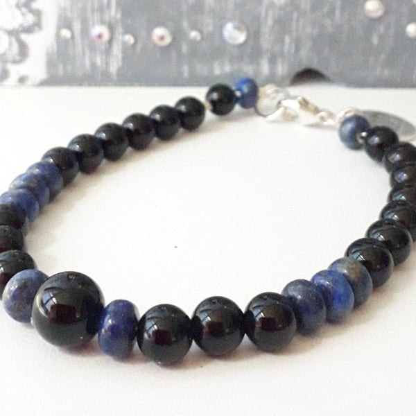 Daddy Gemstone Bracelet Sterling Silver , Lapis Lazuli , Black Onyx 