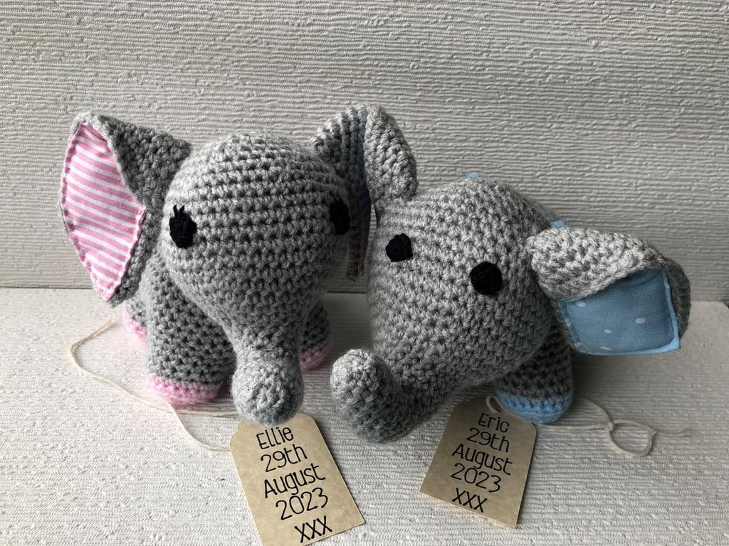 Crocheted Elephant - New Baby Gift - Blue or Pink - Personalised Tag