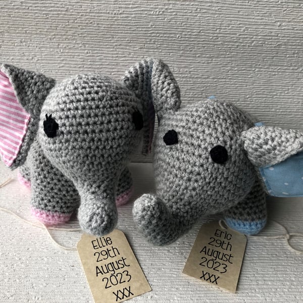 Crocheted Elephant - New Baby Gift - Blue or Pink - Personalised Tag