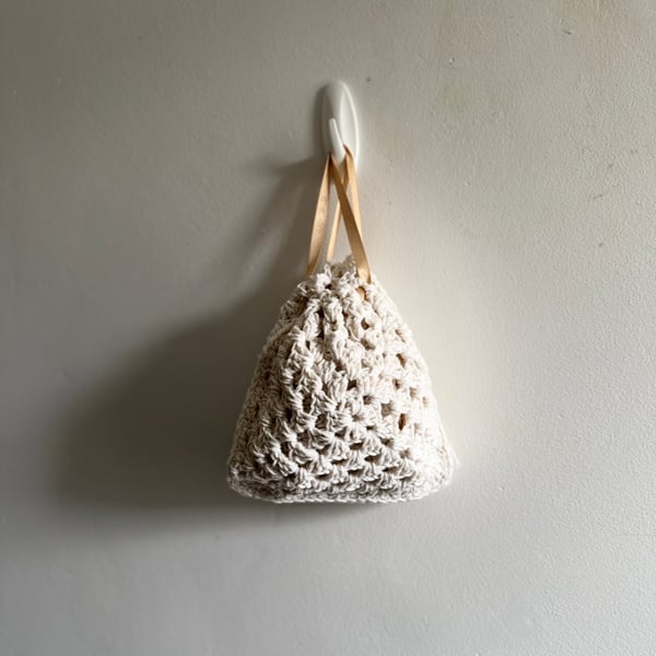 Small White Drawstring Crochet Bag