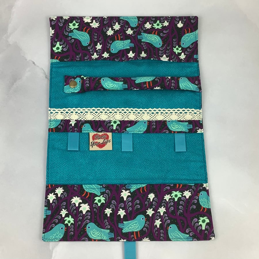 Birds jewellery roll, Floral jewellery storage, Travel organiser, Handmade