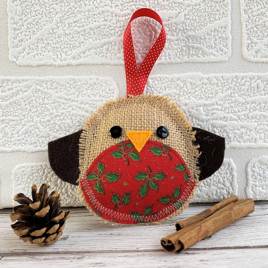 Rustic Christmas robin hanging decoration with red and green holly print