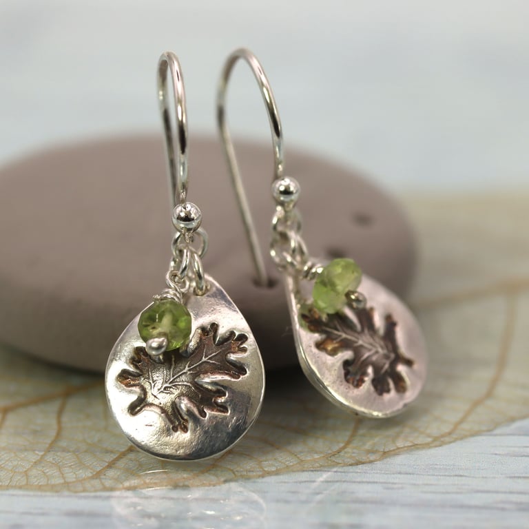Oak Leaf Silver Earrings Drops with Peridot Bead dangles