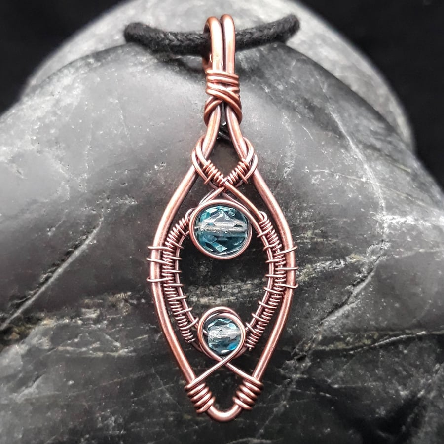 Copper Wire Weave Pointed Drop Pendant with Pale Blue Beads