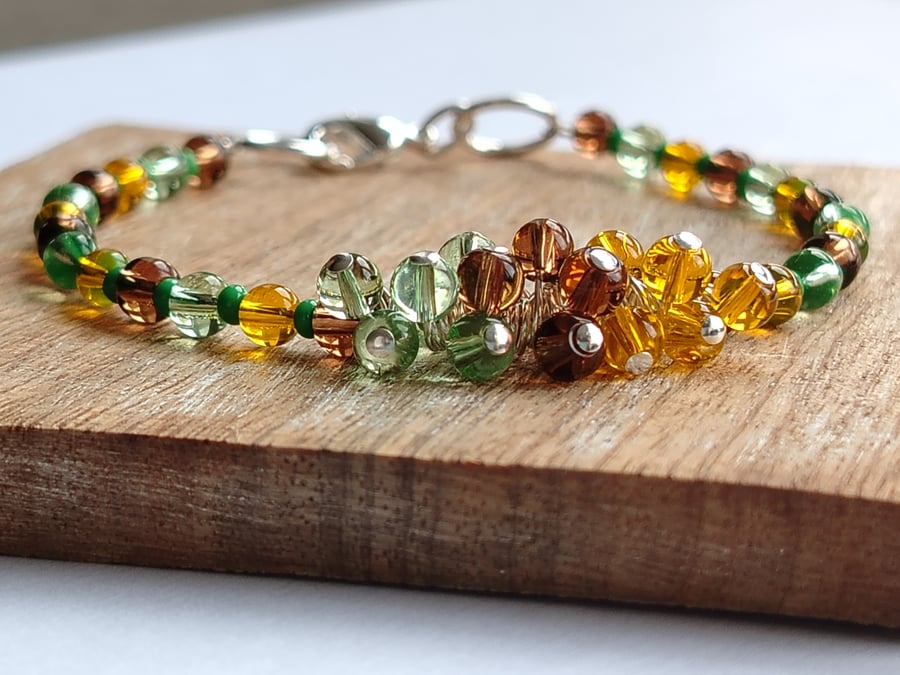 Brown, Green and Yellow Glass Bead Part Cluster Handmade Bracelet