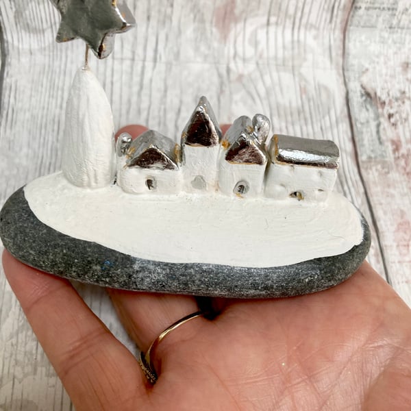 Winter Village On A Natural Stone Handcrafted Clay Ornament With Silver Star