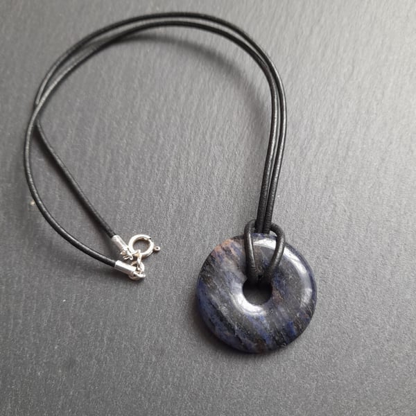 Sodalite Donut Shaped Pendant With Leather Cord Sterling Silver