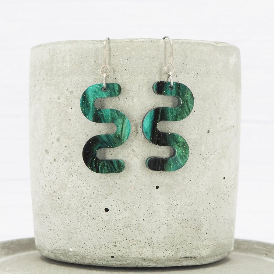 Titanium hypoallergenic ear wire - Small squiggle dangle earrings - Green Galaxy