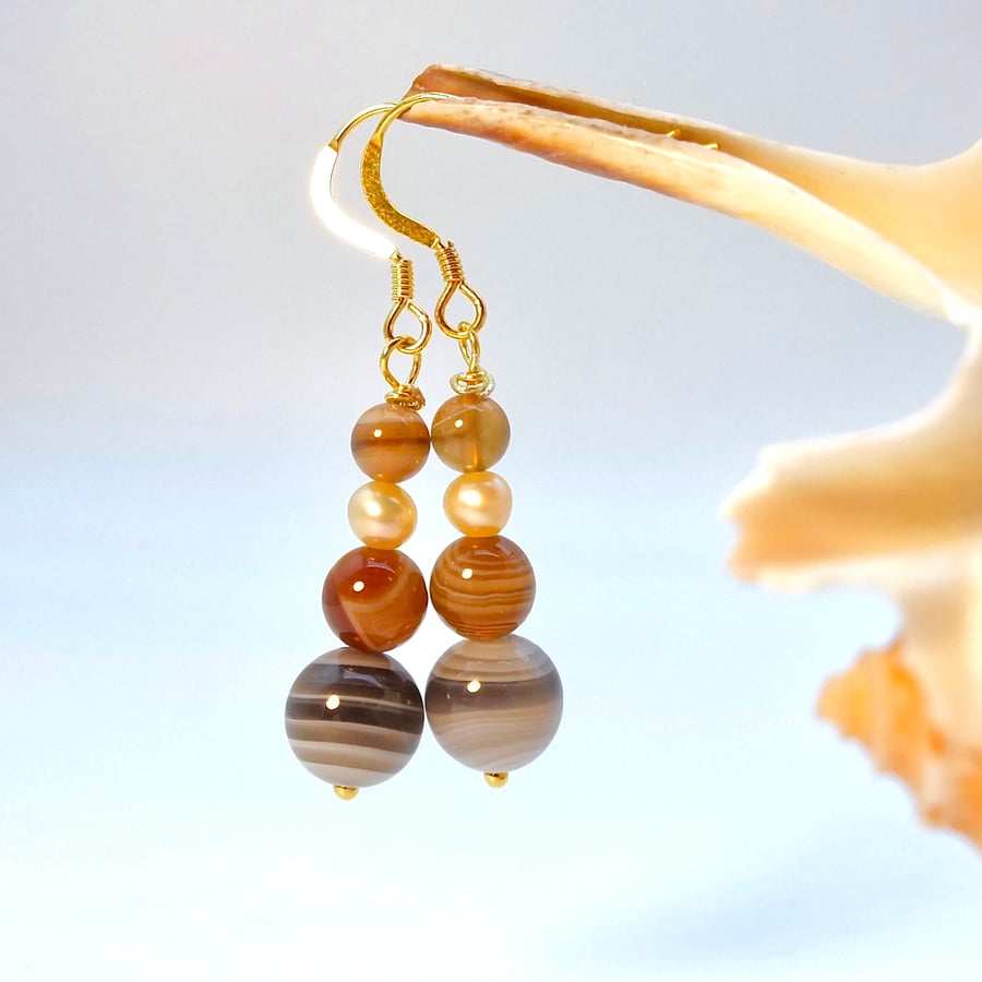 Agate & Freshwater Pearl Earrings, Anniversary, June Birthstone, Gifts For Her