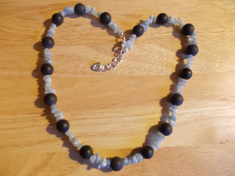 Frosted black agate and aquamarine necklace
