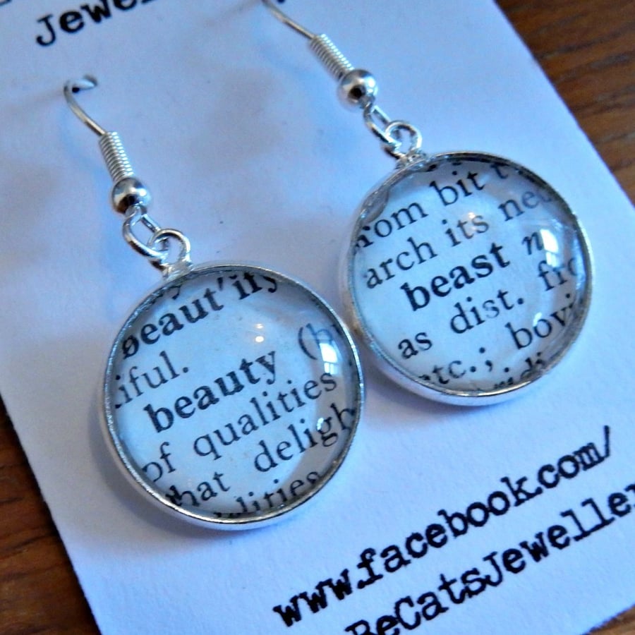 Beauty and the Beast dictionary silver plated earrings, upcycled, recycled, book
