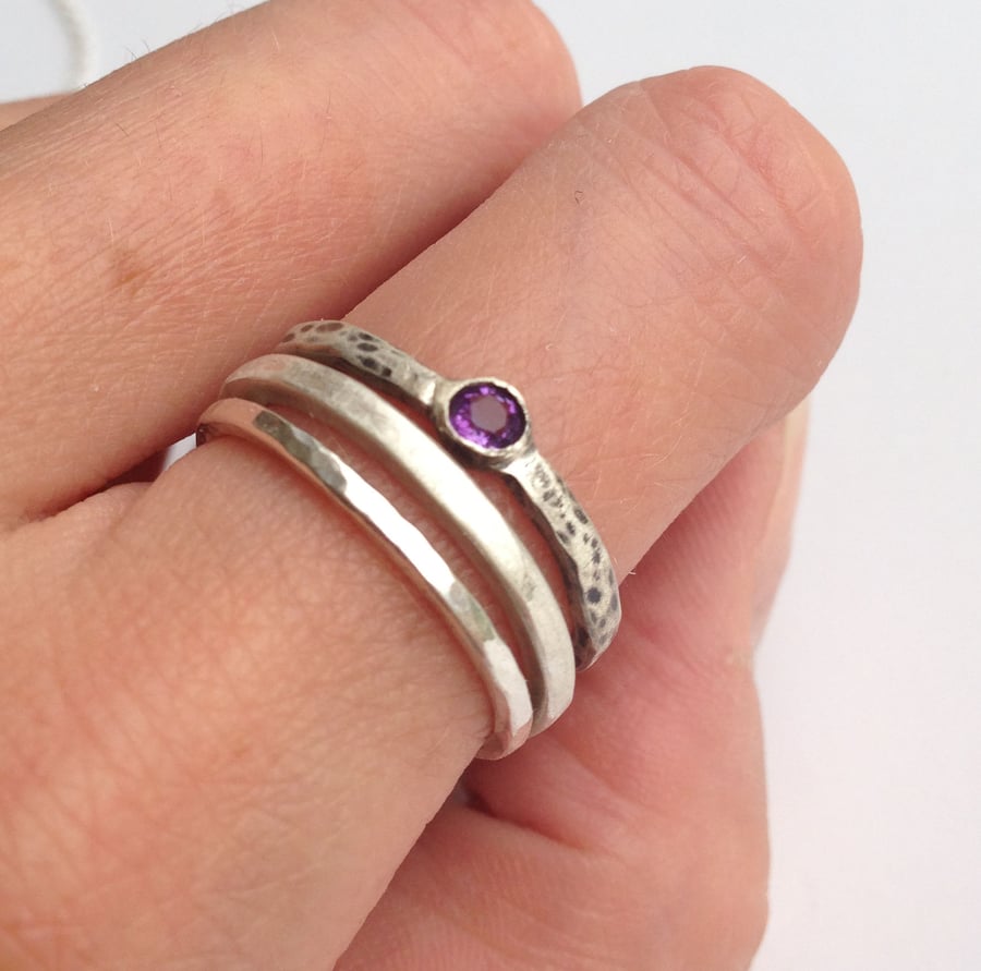 Distressed Silver Amethyst Stacking Ring