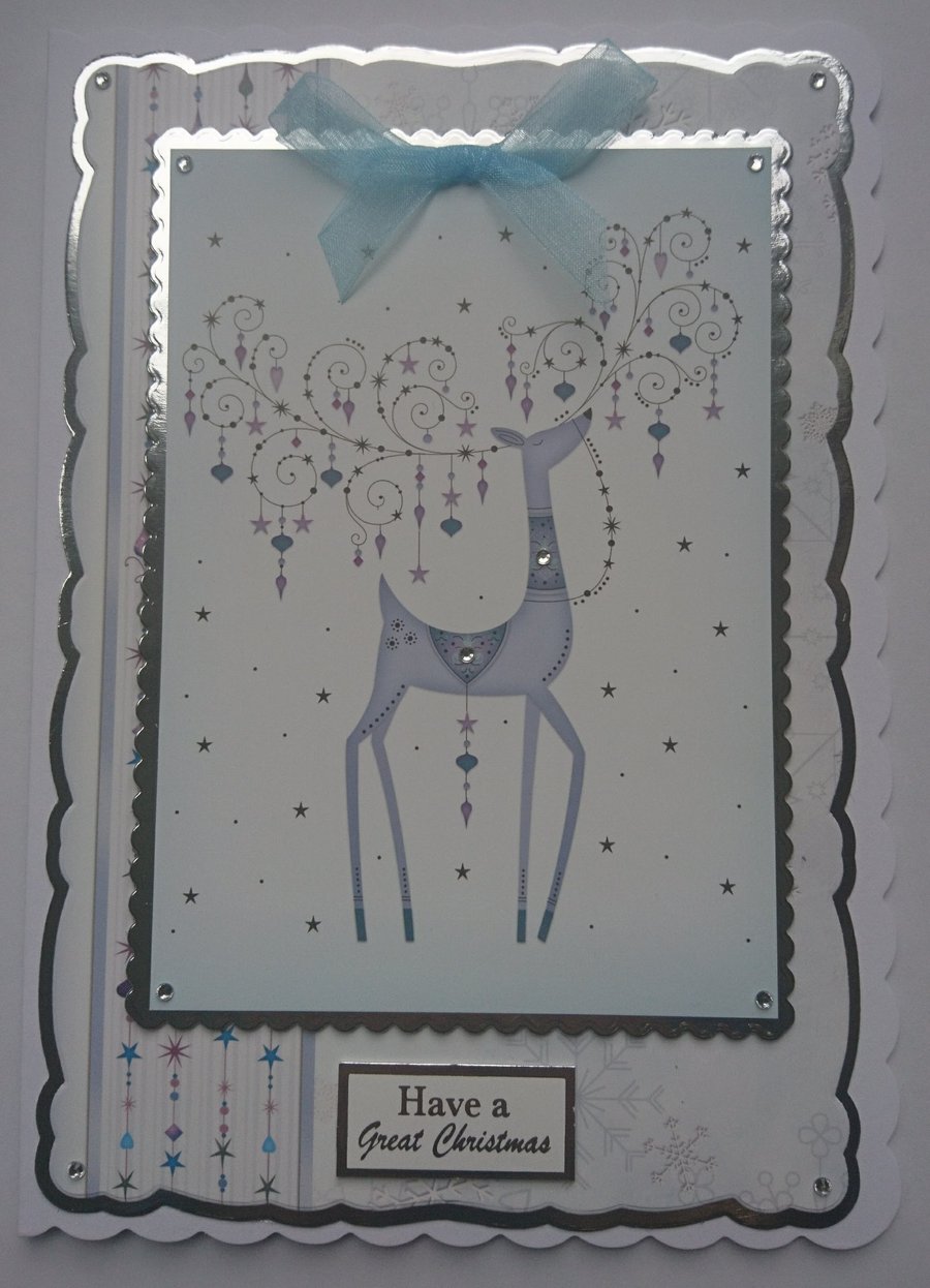 Christmas Card Ornate Blue Ornate Reindeer with Baubles