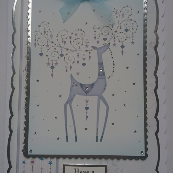 Christmas Card Ornate Blue Ornate Reindeer with Baubles