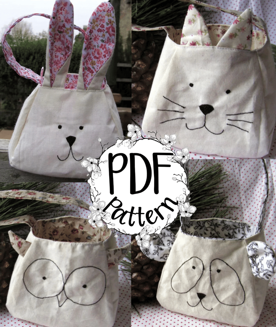 PDF bag sewing pattern, Rabbit, Panda, Owl, Kitty bag, gift bag, cute character.