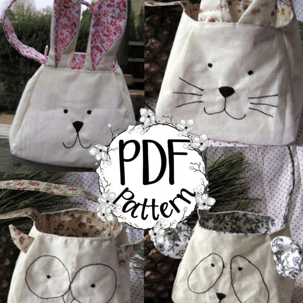 PDF bag sewing pattern, Rabbit, Panda, Owl, Kitty bag, gift bag, cute character.