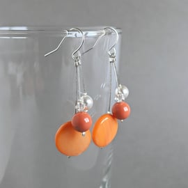 Orange Three Strand Dangle Earrings - Wedding Jewellery or Bridesmaid Gifts 