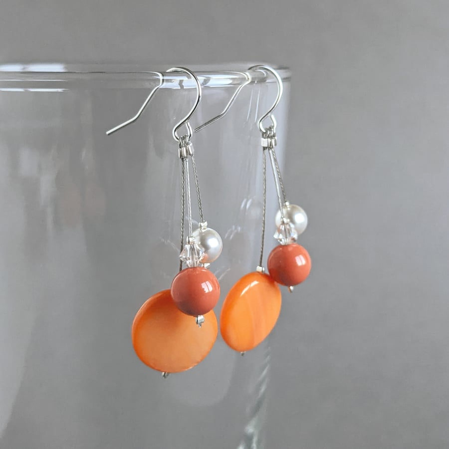 Orange Three Strand Dangle Earrings - Wedding Jewellery or Bridesmaid Gifts 