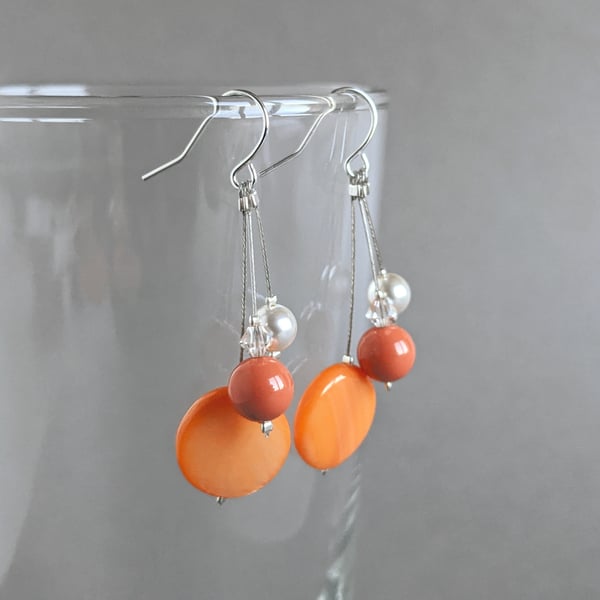 Orange Three Strand Dangle Earrings - Wedding Jewellery or Bridesmaid Gifts 