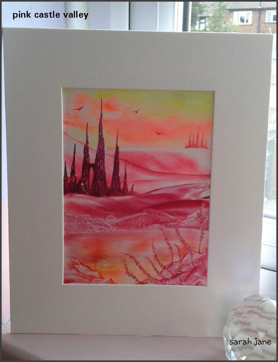 Pink castle original encaustic art painting 