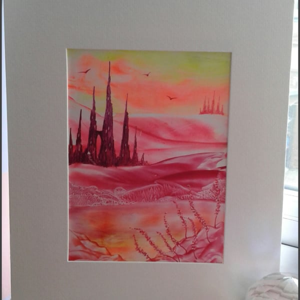 Pink castle original encaustic art painting 