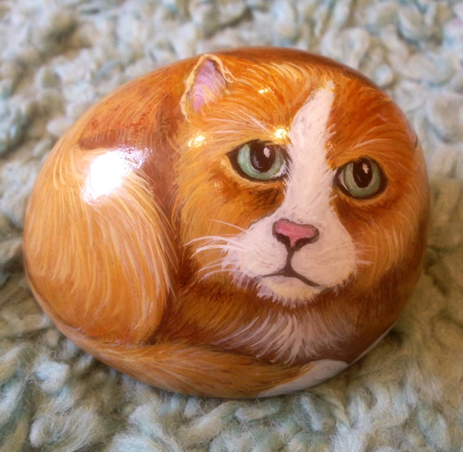 Cat Hand painted rock pebble ornament portrait on cobble 