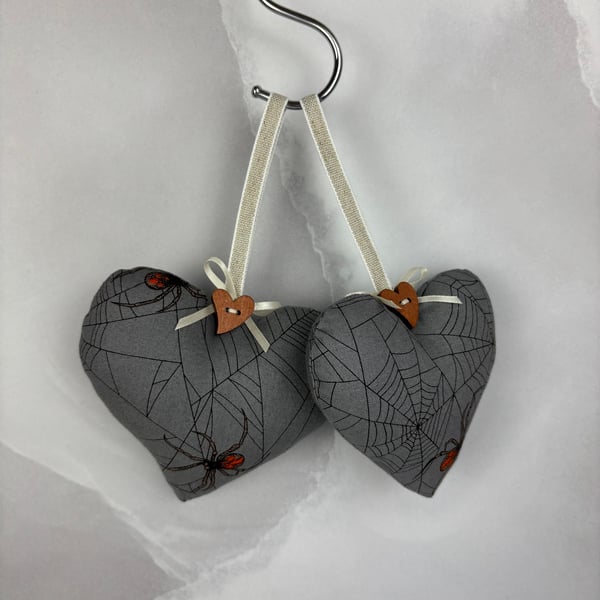 Handmade spiders web hanging heart set with loop button and ribbon trim