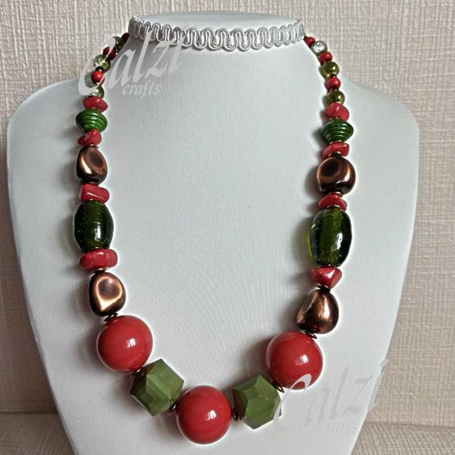 Deep Coral And Green Beaded Necklace