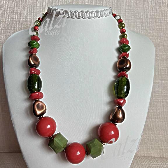 Deep Coral And Green Beaded Necklace