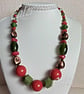 Deep Coral And Green Beaded Necklace