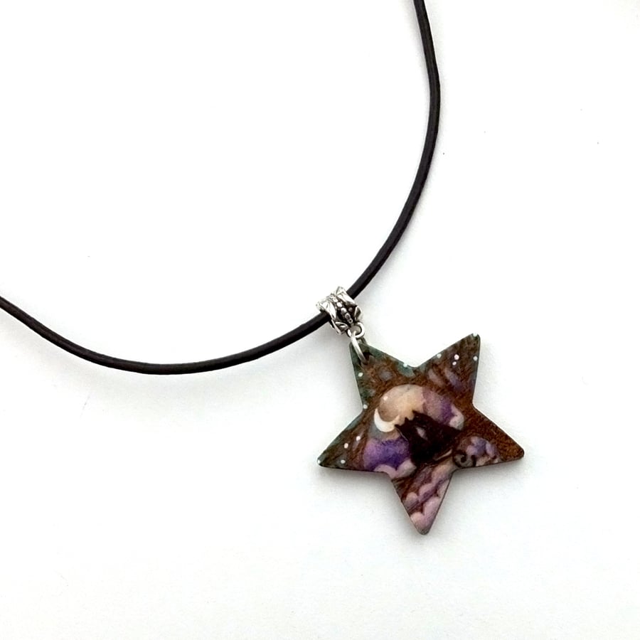 Two Cats at Midnight, Cat Lover Gift, Pyrography Star Pendant Necklace