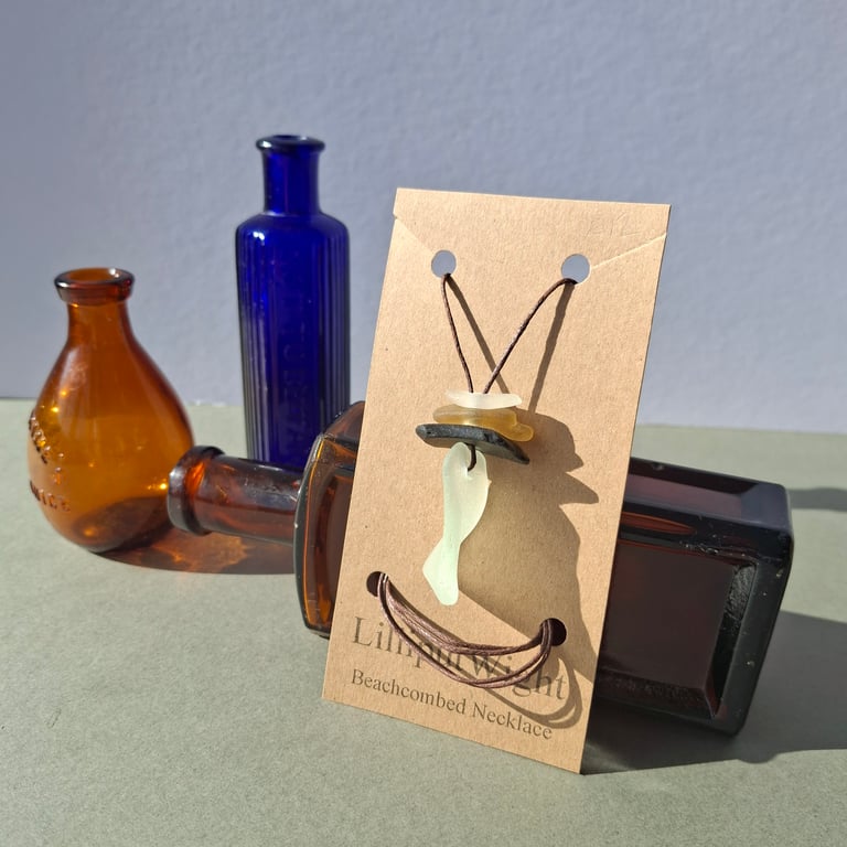 Beachcombed Necklace, Dark Green, Brown and White Sea Glass on a Cotton Cord 