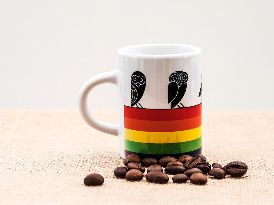 Rainbow Owl Espresso Coffee Mug Aztec style design Insomniacs Nightowls LGBTQ 