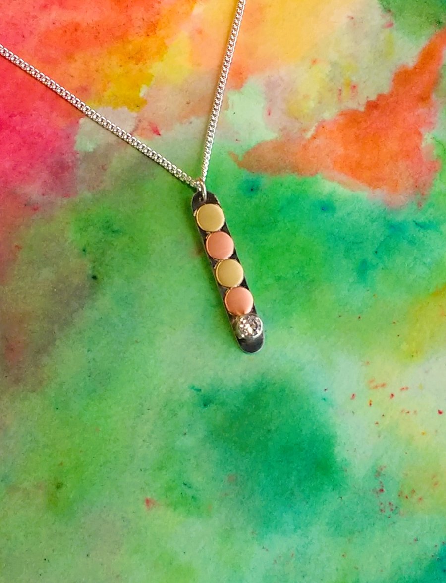 Pebbles Disco Pendant, Silver, Copper & Brass, Cubic Zirconia, Silver Chain