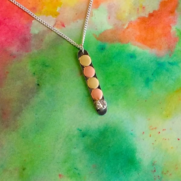 Pebbles Disco Pendant, Silver, Copper & Brass, Cubic Zirconia, Silver Chain