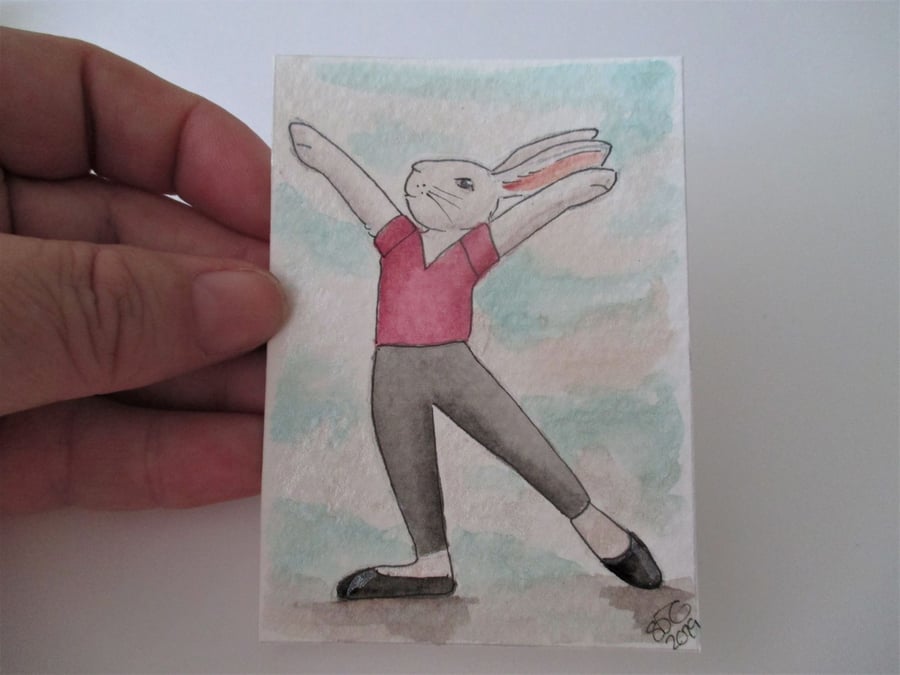 ACEO Bunny Rabbit Ballerina Ballet Dancing Bunny Rabbit Original Painting 022