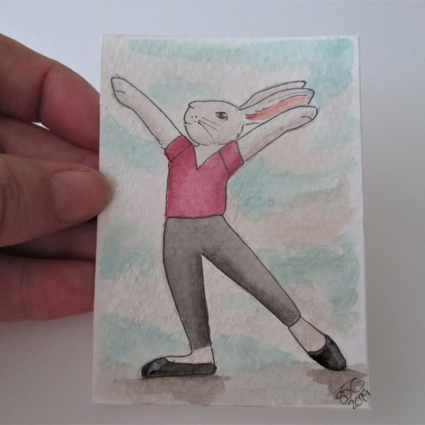 ACEO Bunny Rabbit Ballerina Ballet Dancing Bunny Rabbit Original Painting 022