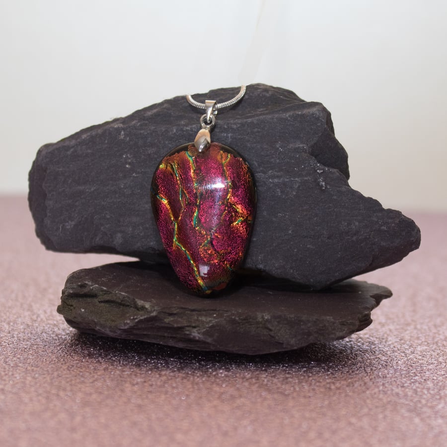 Red & Gold Dichroic Glass Pendant Necklace - 1092