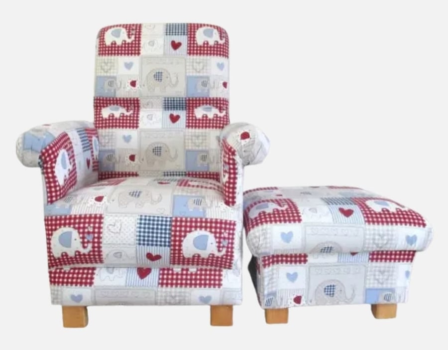 Fryetts Bobo Blue Fabric Chair & Footstool Patchwork Elephants Animals Hearts 