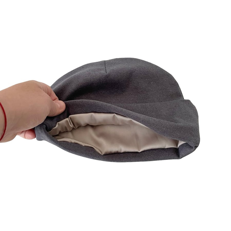 Grey satin lined knit beanie hat, Soft frizz free hair cuffed beanie caps women