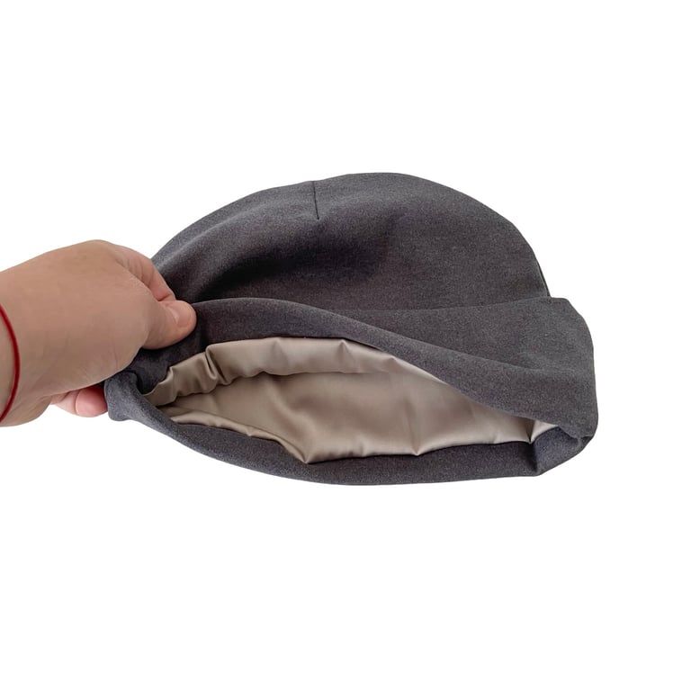 Grey satin lined knit beanie hat, Soft frizz free hair cuffed beanie caps women