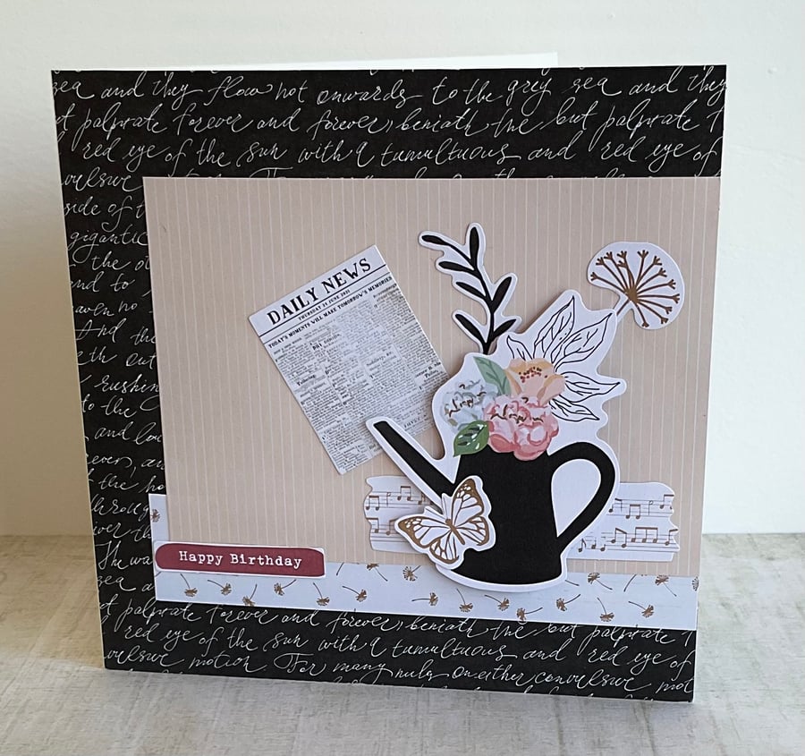 Card. Hand crafted flower in watering can decoupage birthday card for him or her