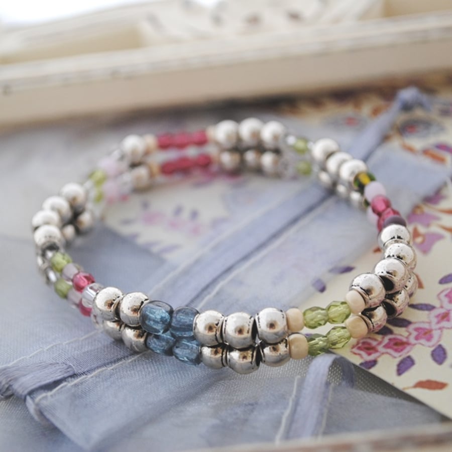 Sale-silver & pastel stretch bracelet