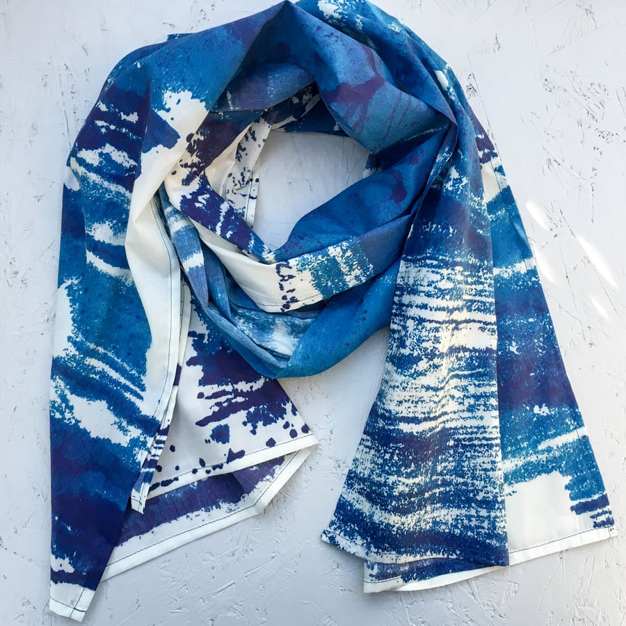 Scarf – sea print cotton lawn lightweight scarf – blue and white