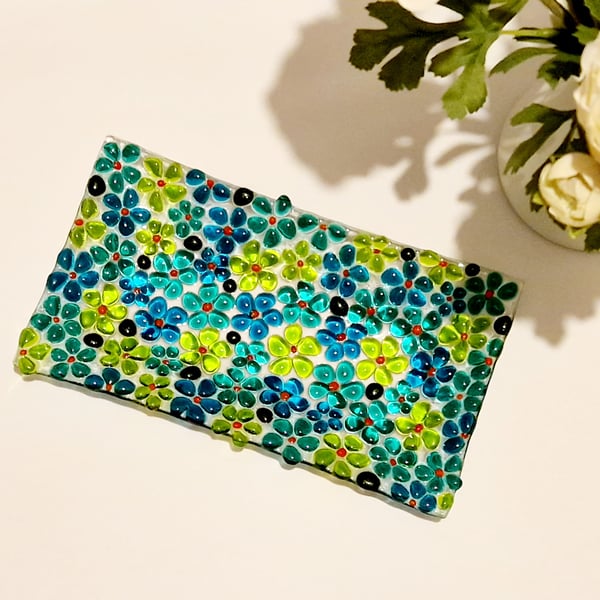 Fused glass green and blue ditsy dish