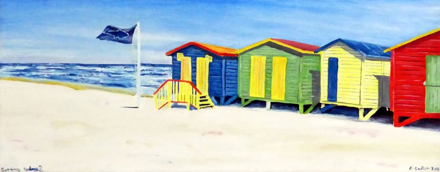 Beach Huts Oil Painting Seaside and Sky Original Canvas Art for Surfers
