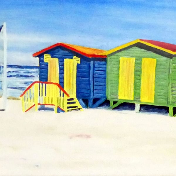 Beach Huts Oil Painting Seaside and Sky Original Canvas Art for Surfers