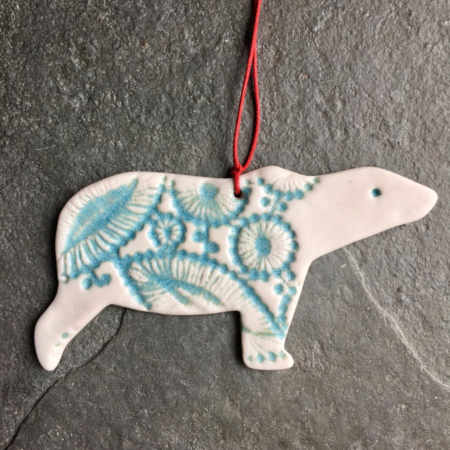 Nordic Polar Bear Christmas Tree decoration, aqua white The Porcelain Menagerie