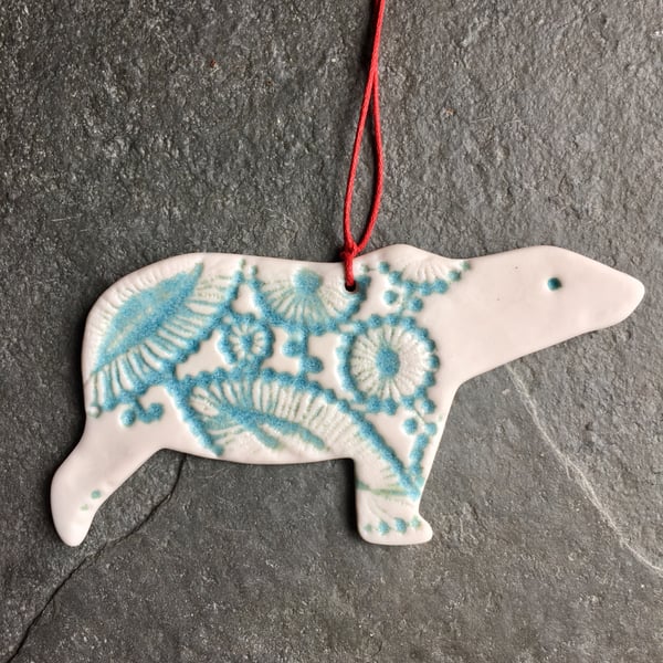 Nordic Polar Bear Christmas Tree decoration, aqua white The Porcelain Menagerie